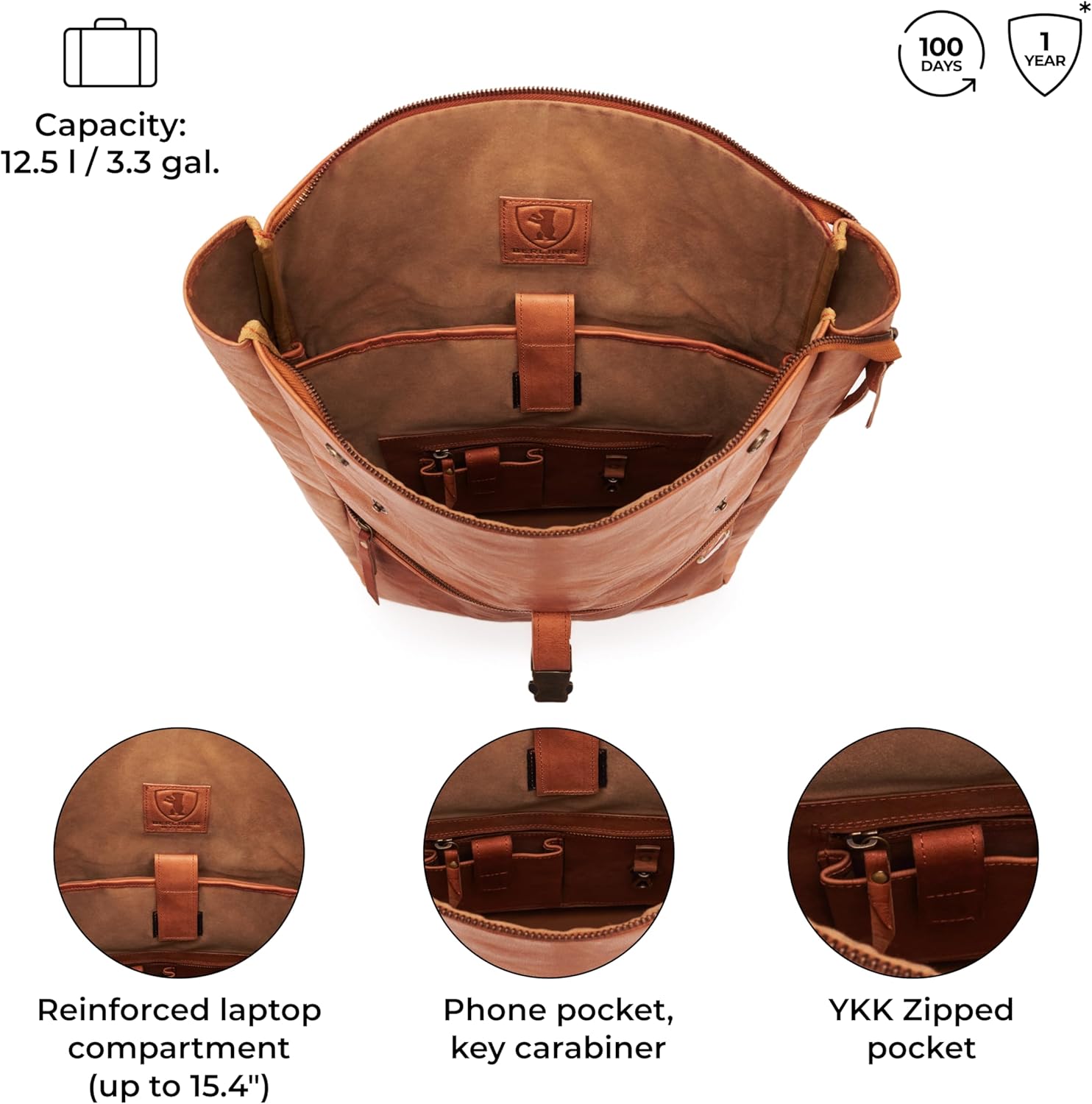 81krGwvwd6L._AC_SL1500_.jpg BERLINER BAGS Vintage Genuine Leather Backpack Utrecht M, Laptop Backpack, Travel Backpack for Women and Men - Brown - Image 4