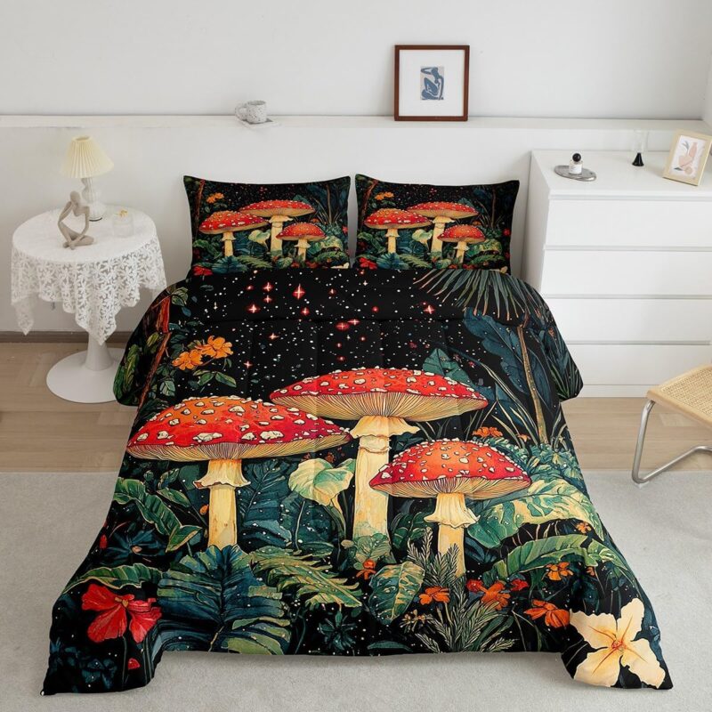 Feelyou Cartoon Mushrooms Bedding Set,for Kids Boys Girls,Full Size,Botanical Theme Comforter Set Ultra Soft Natural Wild Fungus Comforter,Red Mushroom Duvet Quilt Bedroom Decor,Star Print Quilt
