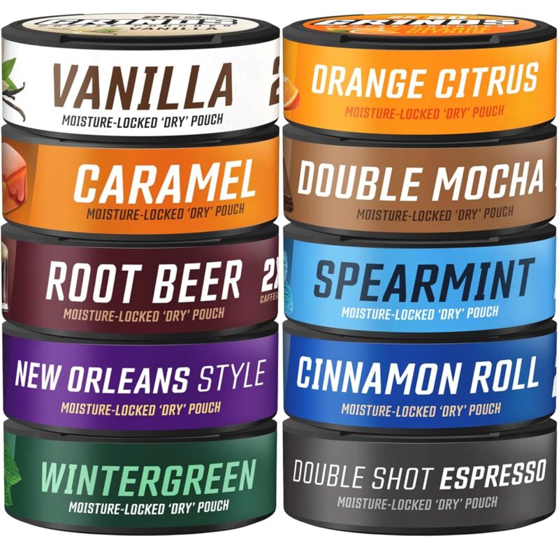 81mw9pX9hFL._SL1500_.jpg GRINDS Coffee Pouches | Try Em All 10 Can Variety Pack | Tobacco & Nicotine Free | Chewing Alternative | 18 Pouches | 1 Pouch eq. 1/4 Cup of Coffee (Try Em All 10 Can Variety Pack)
