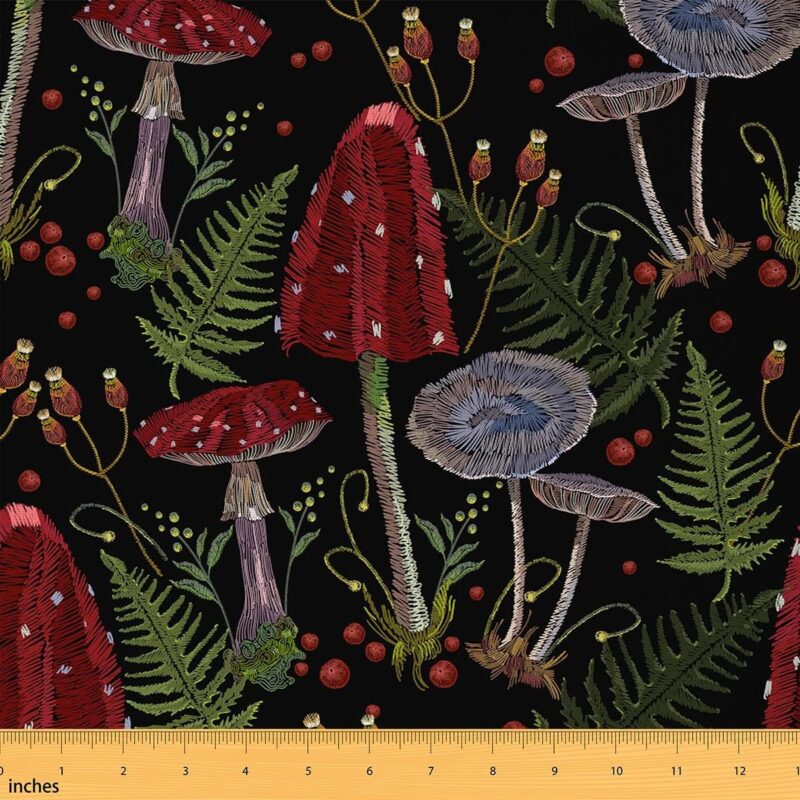 Wild Mushroom Fabric by The Yard Farmhouse Style Trippy Mushrooms Rustic Plants Fabric for Upholstery and Home DIY Projects Embroidery Retro Herbs Fabric for Chairs Curtains Lamp Shade,10 Yards