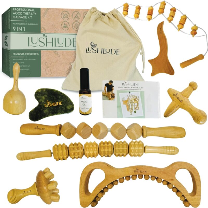 9-in-1 Wood Therapy Massage Tools Kit - Lymphatic Drainage Massager for Thighs, Back, HIPS, Stomach | Maderoterapia Kit Professional for Muscle Pain Relief | Wooden Body Sculpting Tools