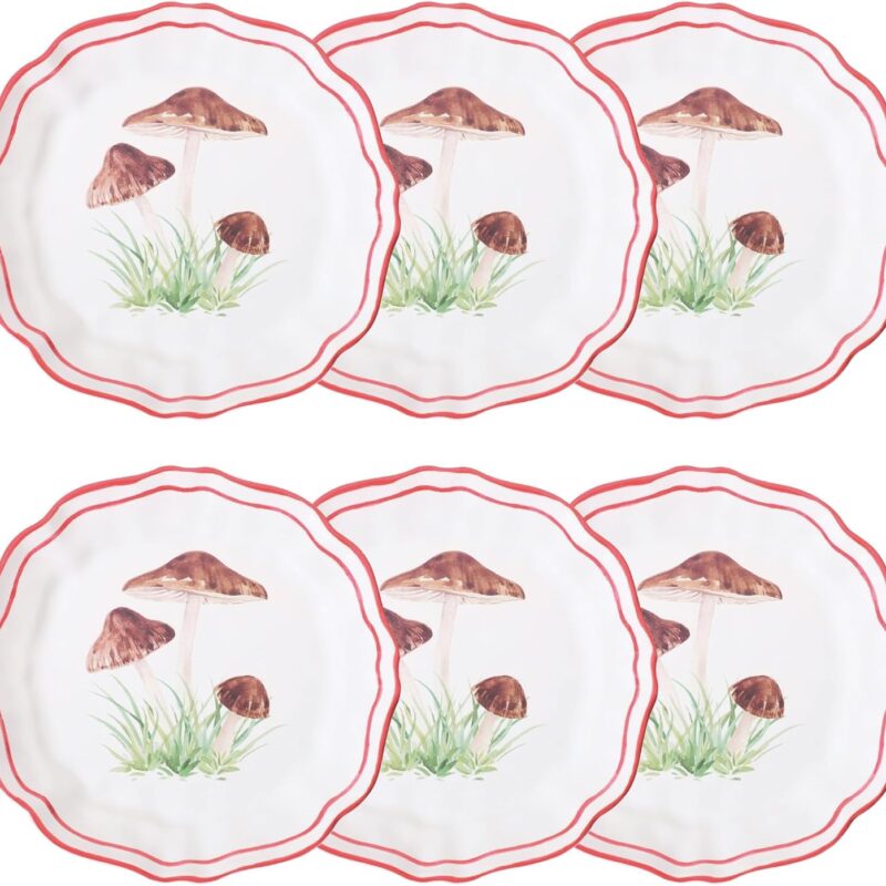 UPware Shiitake Mushroom Melamine Salad Plate Set, Flower Shaped Plates for Risotto, Pasta, and Salad, BPA-Free, Dishwasher Safe, Red, 9 Inch, Set of 6