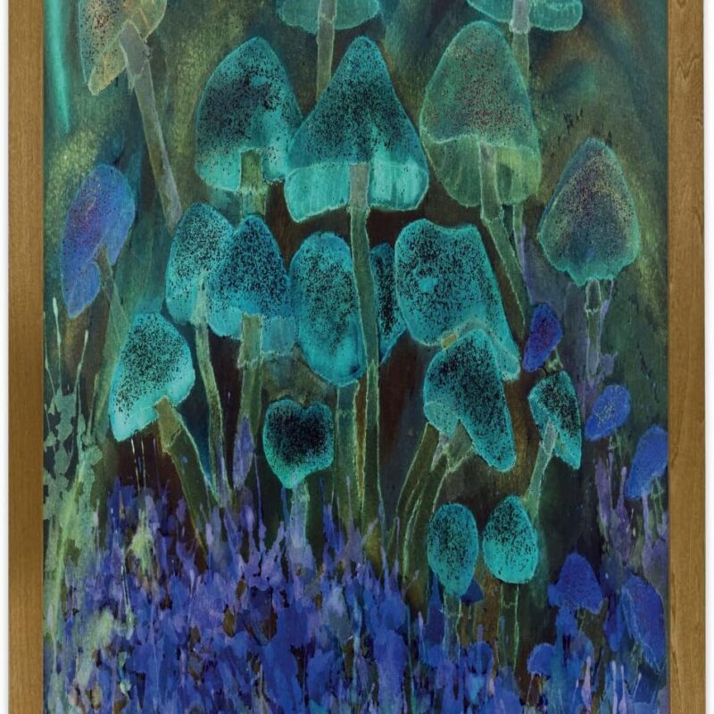 Ambesonne Psychedelic Framed Wall Art, Unusual Speckled Fluorescent Mushrooms Dreamy Fantasy Graphic, Fabric Poster with Walnut Tone Wood Frame Home Dorm Decor, 23" x 35", Blue Violet and Slate