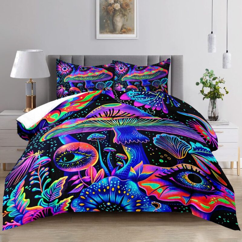 Raphus cucullatus Mushroom Comforter Set Full,Mushroom Bedding Set Bedroom Decor,Boho Bedding Sets Full Quilt,Hippie Bedding Set Full,Black Goth Comforter Set Full