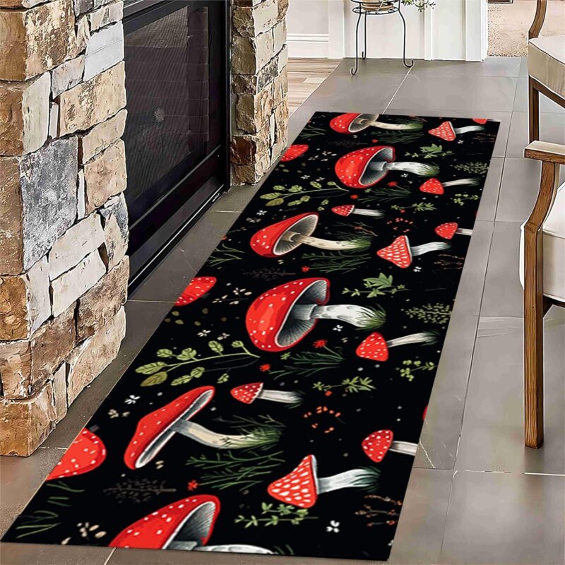 Colorful Mushroom Carpet, 2.6x7ft, Halloween Decor Mushroom Kitchen Entrance Runner Rug, Floral Botanical Print Hallway Rug, Orange