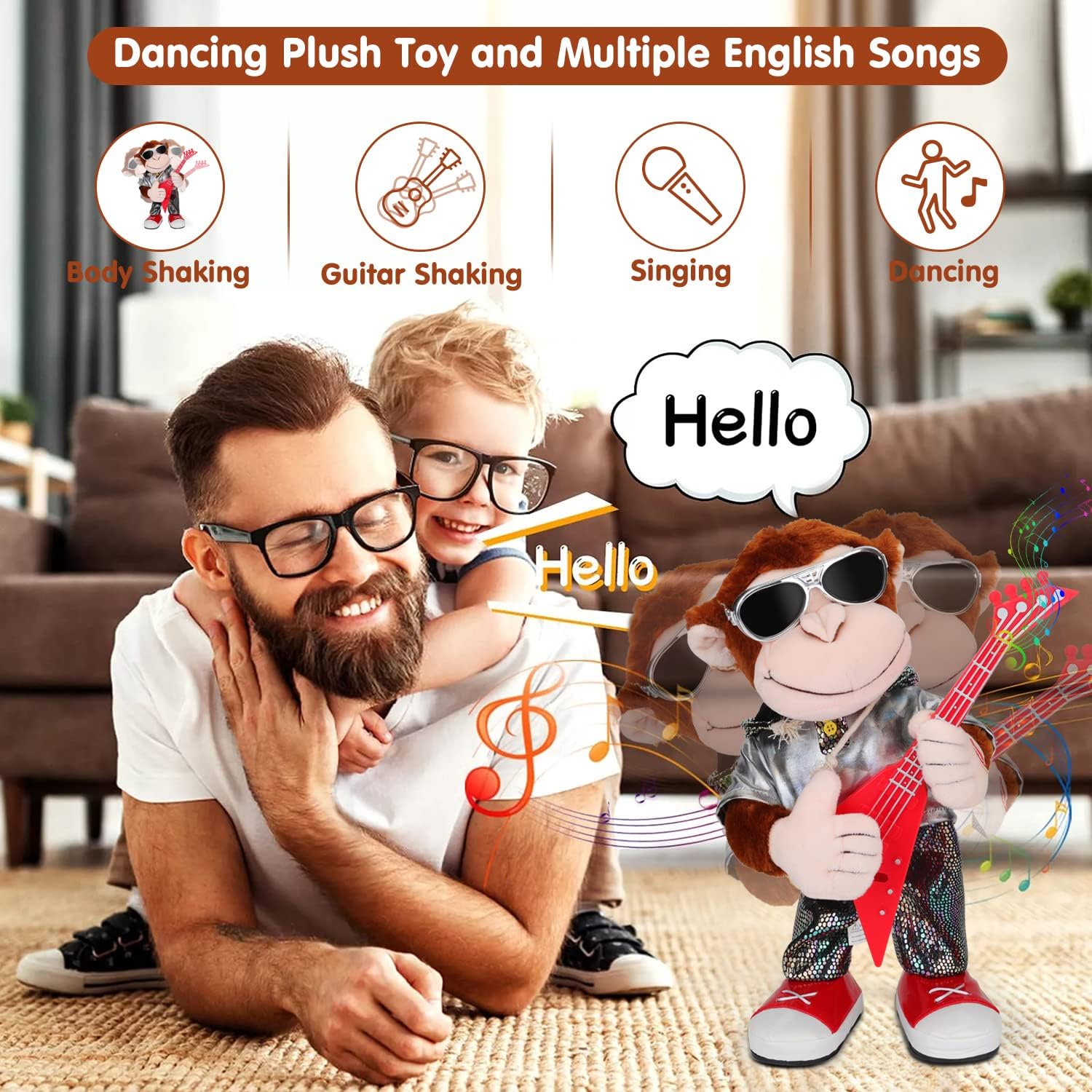 81rFkza3EFL._AC_SL1500_.jpg Dancing Monkey Plush Toy, Stuffed Toys, Dancing Singing, Body Shaking, and Guitar Shaking, Punk Molding, One Button Control, Children's Education Toys, Musical Intelligence Development - Image 2