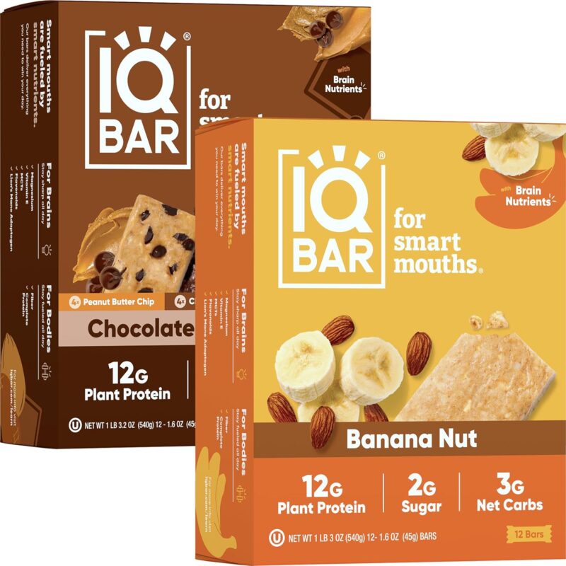 IQBAR Brain and Body Keto Protein Bars - Chocolate Lovers Variety and Banana Nut - 12 Count Energy Bars - Low Carb Protein Bars - High Fiber Vegan Bars Low Sugar Meal Replacement Bars