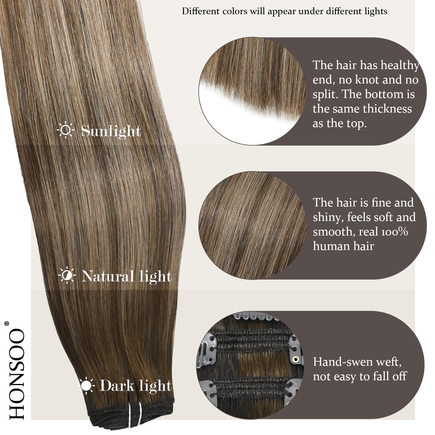 81sTxEdQfxL._SL1500_.jpg Honsoo Hair Extensions Human Hair Clip Ins 16in 120g 7pcs Mushroom Brown Natural & Soft Remy Human Hair Silky Straight Hair Extensions - Image 4