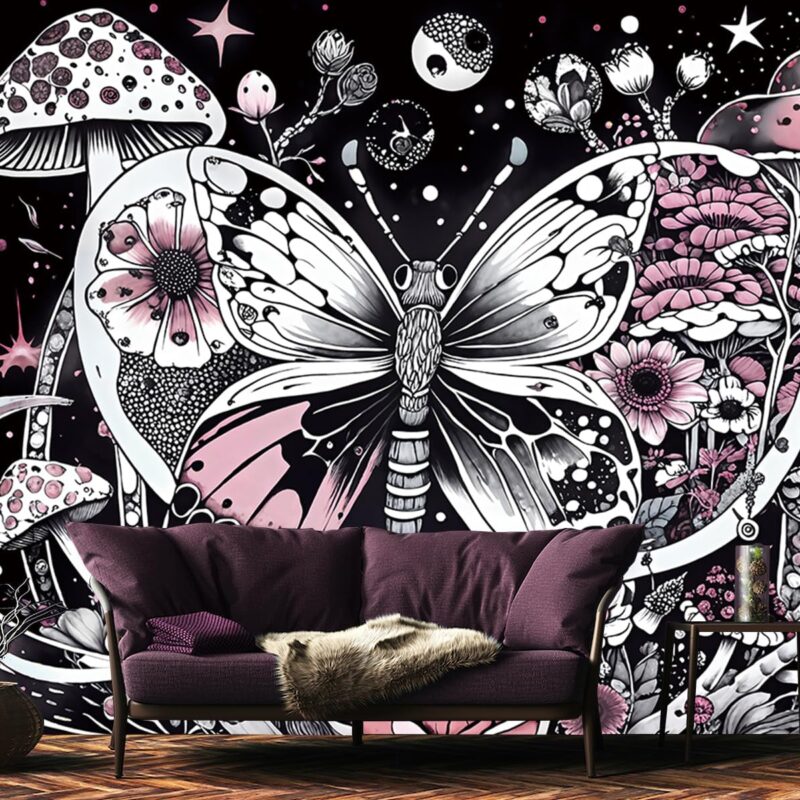 FWIEXA Dark Butterfly Floral Wallpaper, Black Mushroom Insects Wall Mural, Pink White Flower Mural Wallpaper, Botanical Animal Wallcovering for Living Room, Bathroom - 161"x108" (Not Peel n' Stick)