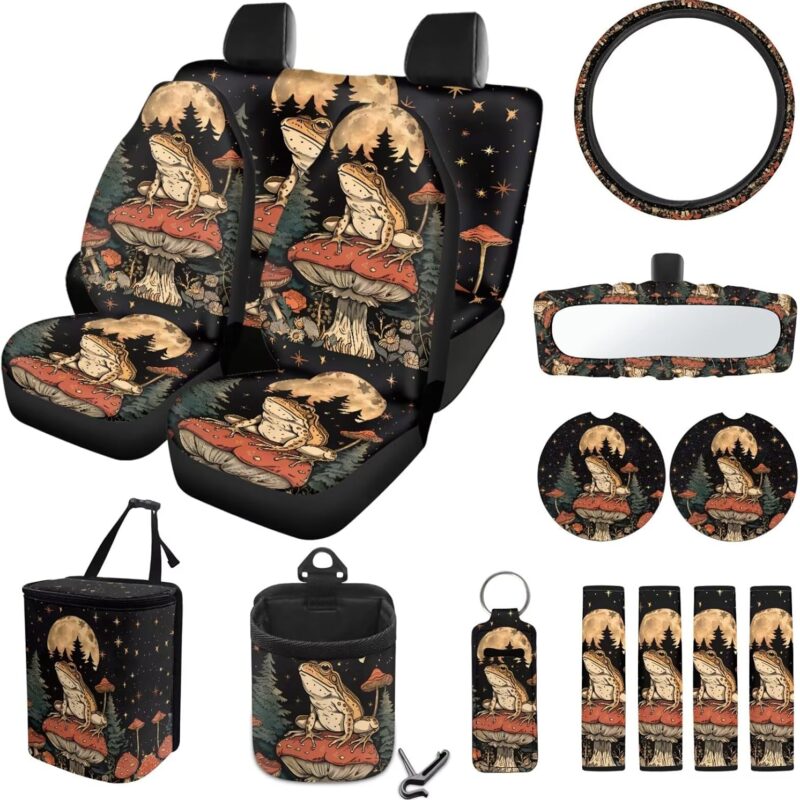 Frog Moon Mushroom Tree Pattern 15PCS Car Accessories, Universal Car Seat Covers Steering Wheel Cover Seat Belt Pad Coasters Chapstick Holder Rearview Mirror Cover Fit Most Cars