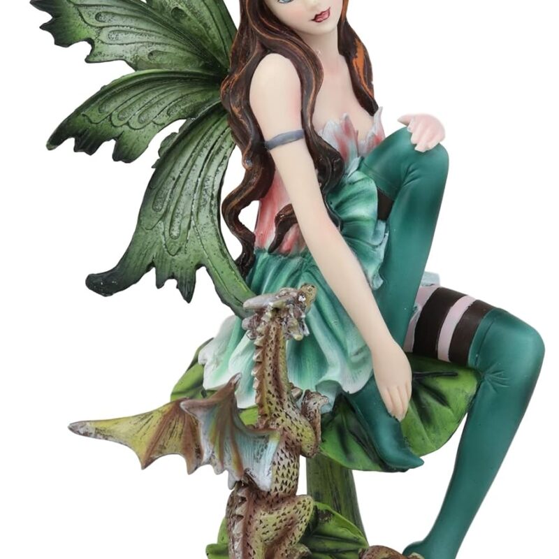 Ebros Beautiful Gaia Pixie Fairy With Green Wyrmling Dragon Statue 9.5"Tall Decorative Mythical Fantasy Fae Lady Of Summer Forest Magic Figurine Collectible Medieval Fairies Dungeons And Dragons Decor
