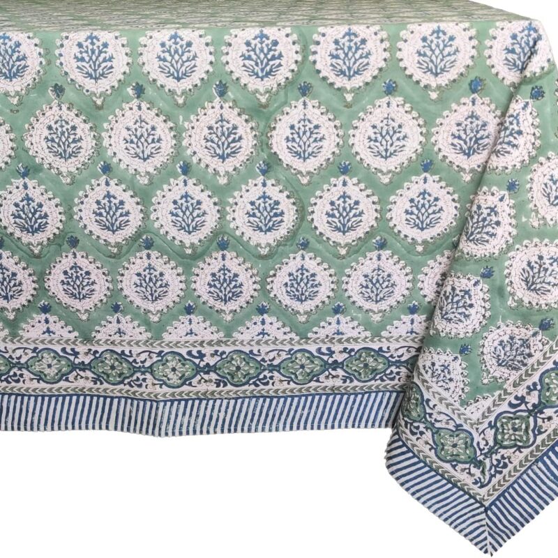ATOSII Kari Green 100% Cotton Rectangle Boho Summer Tablecloth, Block Print Floral Table Cloth Linen for Dining, Parties, Wedding, Outdoors Home Decor 60 X 108 Inches I 8 Seater I
