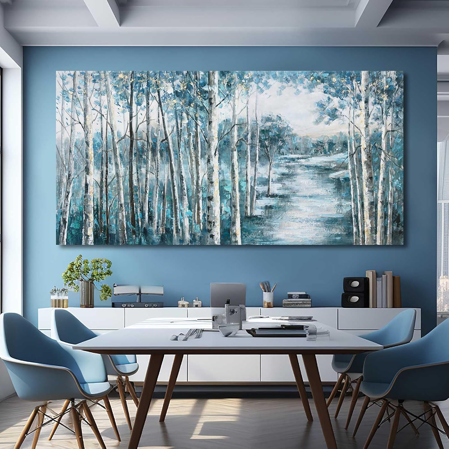 81vuPfr7BDL._AC_SL1500_.jpg Navy Blue Wall Art forest Wall Decor Large Paintings for Living Room White Tree Pictures for Wall Large Photos for Hotel 29"x58" - Image 5