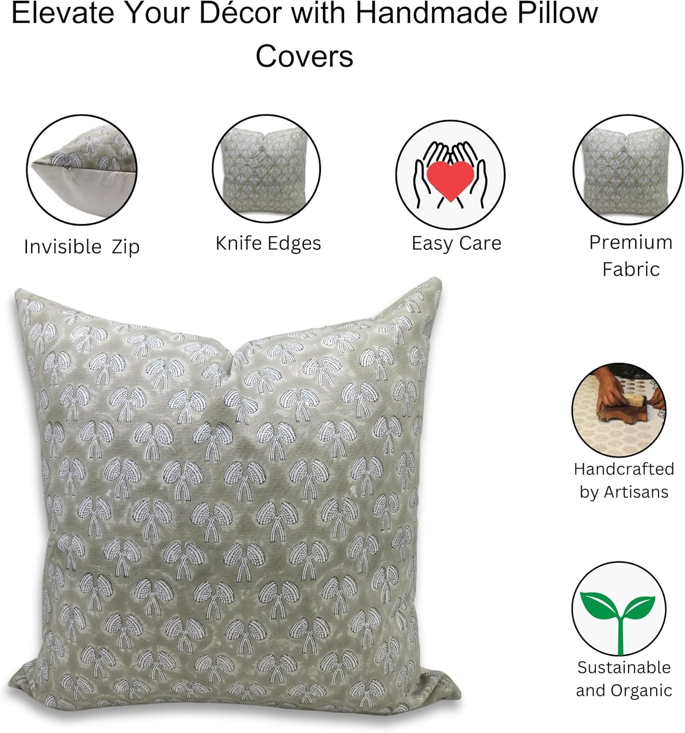 81wDR10JqtL._AC_SL1500_.jpg Handmade Block Print 16X16 Inches Thick Cotton White Throw Boho Pillowcase Cushion Cover, Fall, Christmas Decoration Season for Sofa, Couch, Bed and Living Room, Farmhouse, Mushroom, Green - Image 5