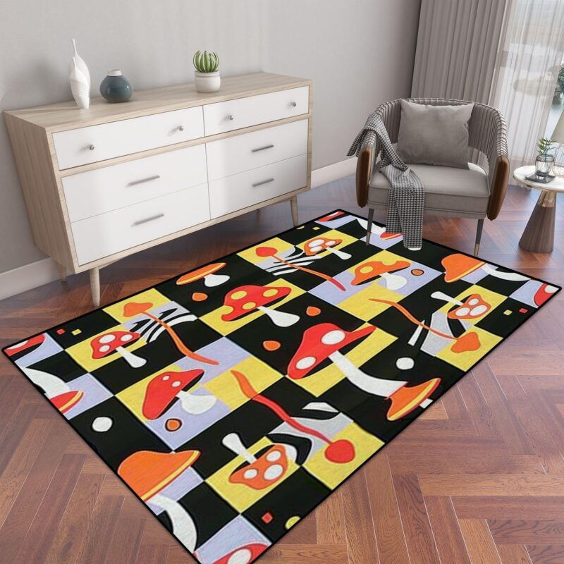 Magic Mushrooms melt Geometry Check Cells Seamless Pattern Art Magic Area Rug Outdoor Patio Rug Play Mat Modern Floor Carpet Non-Slip Home Decor Living Room Kids Bedroom Nursery, 3x5 ft
