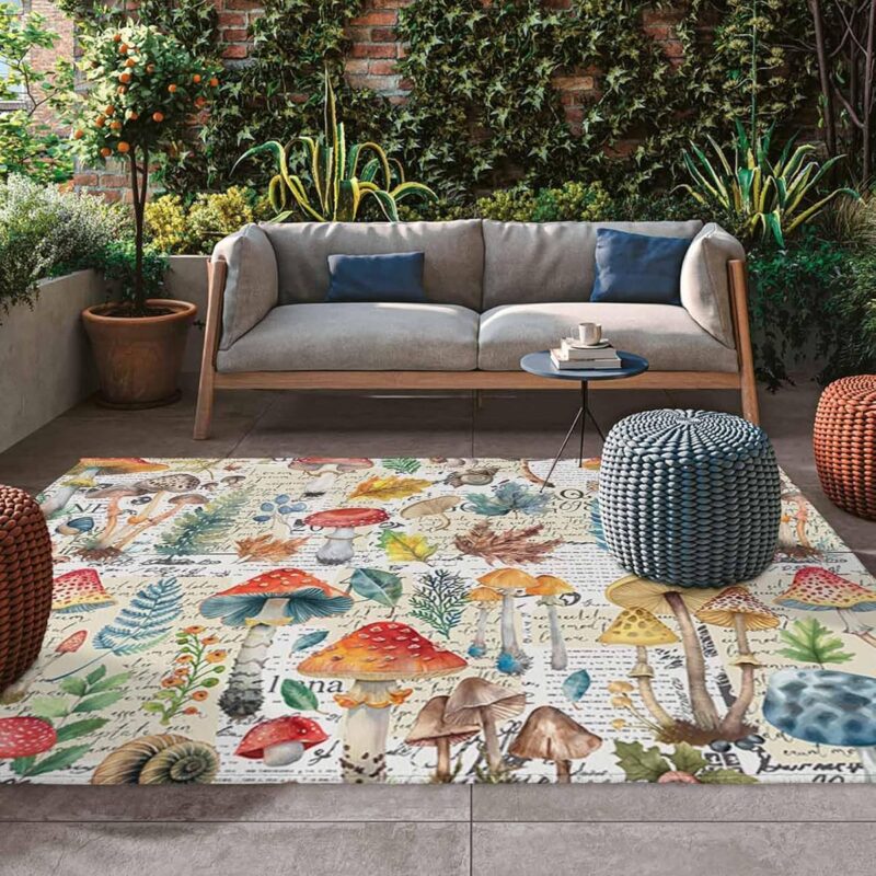 Outdoor Rug Carpet 4x6 Ft, Watercolor Mushroom Plant Hand Drawn Retro Area-Rug Washable Stain-Proof Mat for Outside Patio Porch Balcony Backyard Indoor Bedroom Living Room
