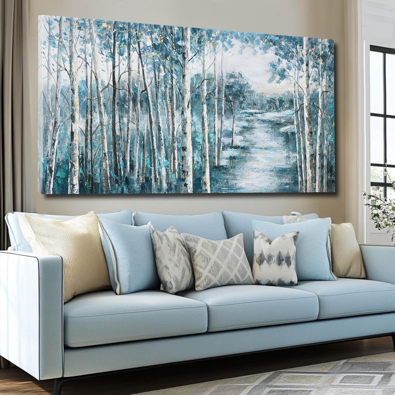 81ynEyNG2cL._AC_SL1500_.jpg Navy Blue Wall Art forest Wall Decor Large Paintings for Living Room White Tree Pictures for Wall Large Photos for Hotel 29"x58"