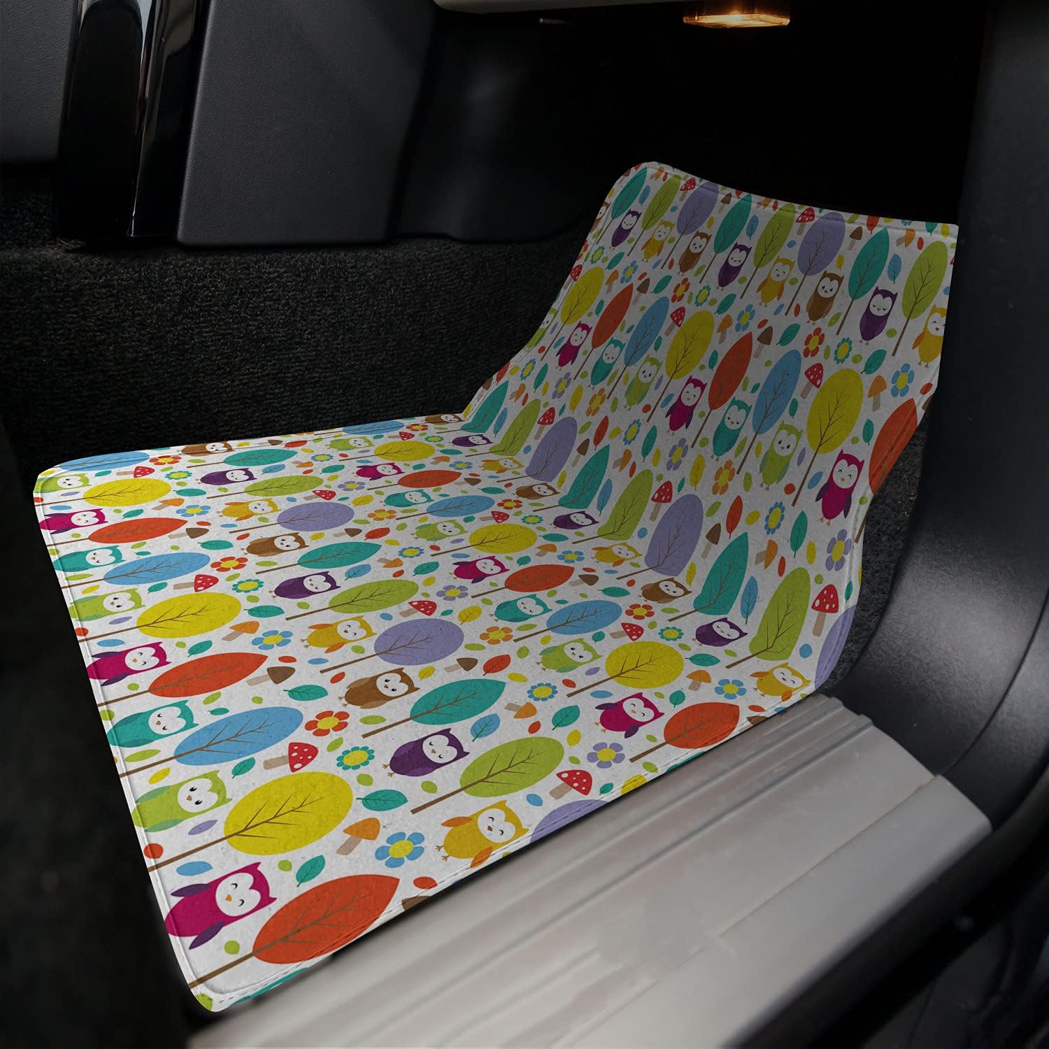 81yqIH-ipXL._AC_SL1500_.jpg Ambesonne Cartoon Car Mat Set of 4, Colorful Forest with Owls Trees Leafs Mushrooms and Flowers Drawing Style, Front & Back Seat Floor Mat Durable PVC Backing Car Accesory, Multicolor - Image 2