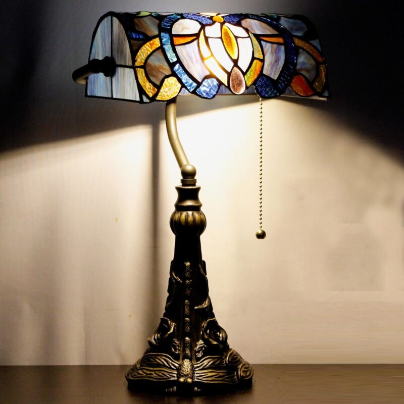 Tiffany Banker Lamp Small Stained Glass Table Lamp Tiffany Style Piano Light Blue Purple Cloudy Style Desk Lamp Angle Adjustable 10.6X15.7 Inch for Home Office Living Room Bedroom