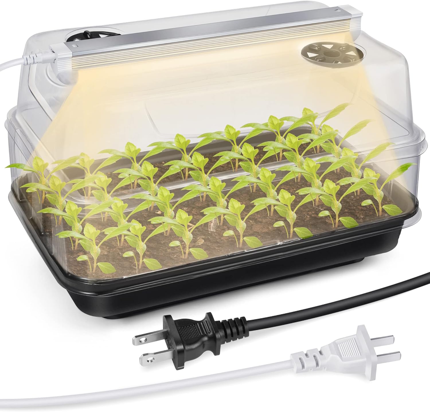 81zrGqD041L._AC_SL1500_.jpg Seed Starter Tray with T8 Grow Light, Seedling Heat Tray Mini Greenhouse with 15'' Humidity Domes and Height Extension, Plant Sprouting Germination Propagation Kit Indoor Gardening Supplies