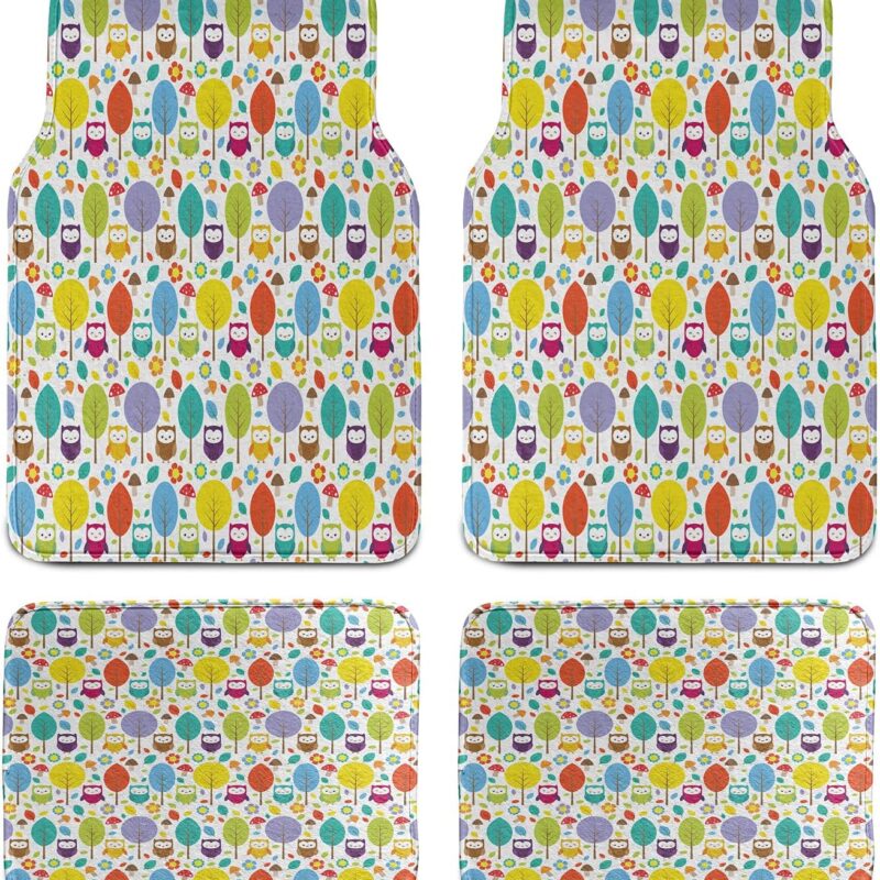 Ambesonne Cartoon Car Mat Set of 4, Colorful Forest with Owls Trees Leafs Mushrooms and Flowers Drawing Style, Front & Back Seat Floor Mat Durable PVC Backing Car Accesory, Multicolor