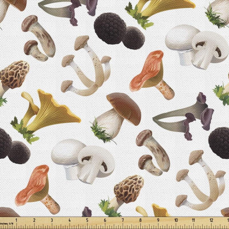 Ambesonne Mushroom Fabric by The Yard, Realistic Style Various Kinds of Fresh Toadstools Truffles Natural Lifestyle Cook, Decorative Fabric for Upholstery and Home Accents, 10 Yards, Umber Yellow