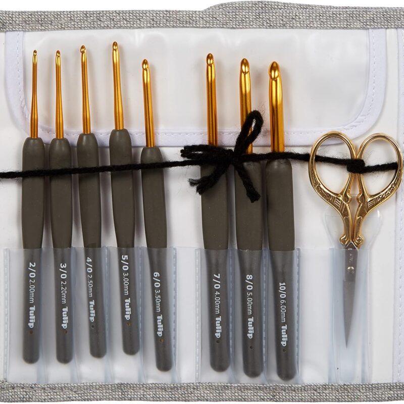 Tulip Crochet Hook, Aluminum Plastic, Gold, Grey, Geschlossen: 17cm x 9cm Geöffnet: 31,5cm x 17cm