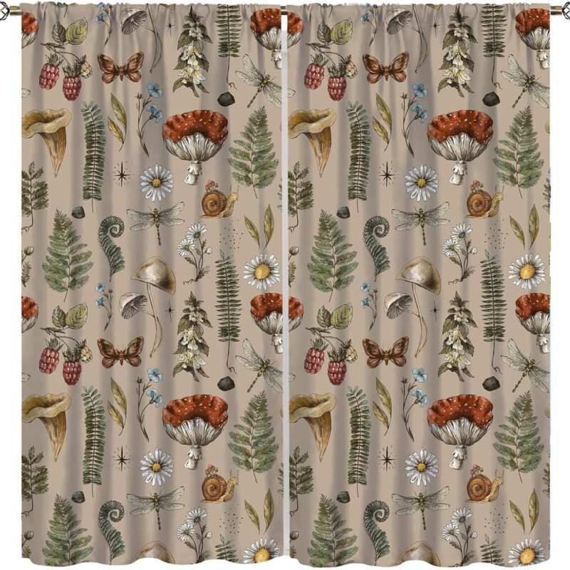 Retro Mushroom Curtains,Colorful Hand Painted Cartoon Mushrooms for Children's Home Bedroom Living Room Curtains 63x63in