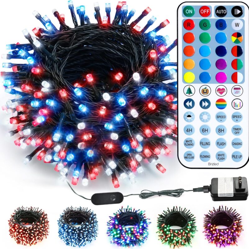 91Nf4I5pDLL._AC_SL1500_.jpg Brizled Color Changing Christmas Lights, 197FT 600 LED RGB Christmas Lights, Dimmable Xmas Tree Light, Multifunctional Indoor Outdoor String Fairy Light with Remote for Holiday Party Decor