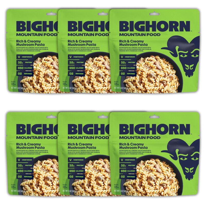 BIGHORN Mountain Food Vegetarian Creamy Mushroom Pasta - contains 6 packs | 12 servings | 192g Protein | 3,900 Calories - premium freeze dried meals for backpacking food - vegetarian backpacking meals - ideal camping meals just add water - great taste