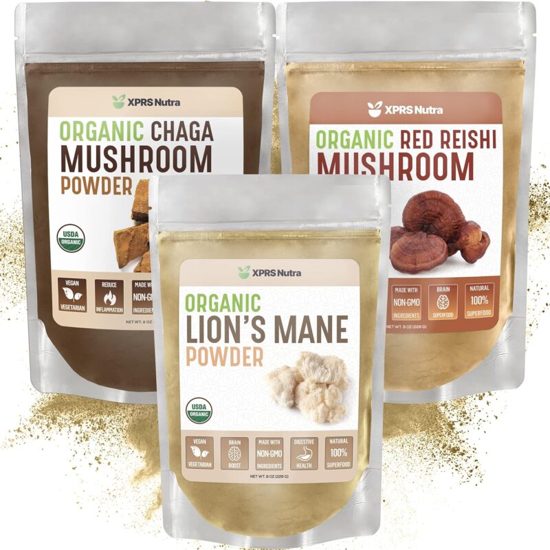 XPRS Nutra Mushroom Bundle - Lion's Mane, Chaga, Red Reishi Mushrooms - All Organic Mushroom Bundle (8 Ounces Each)