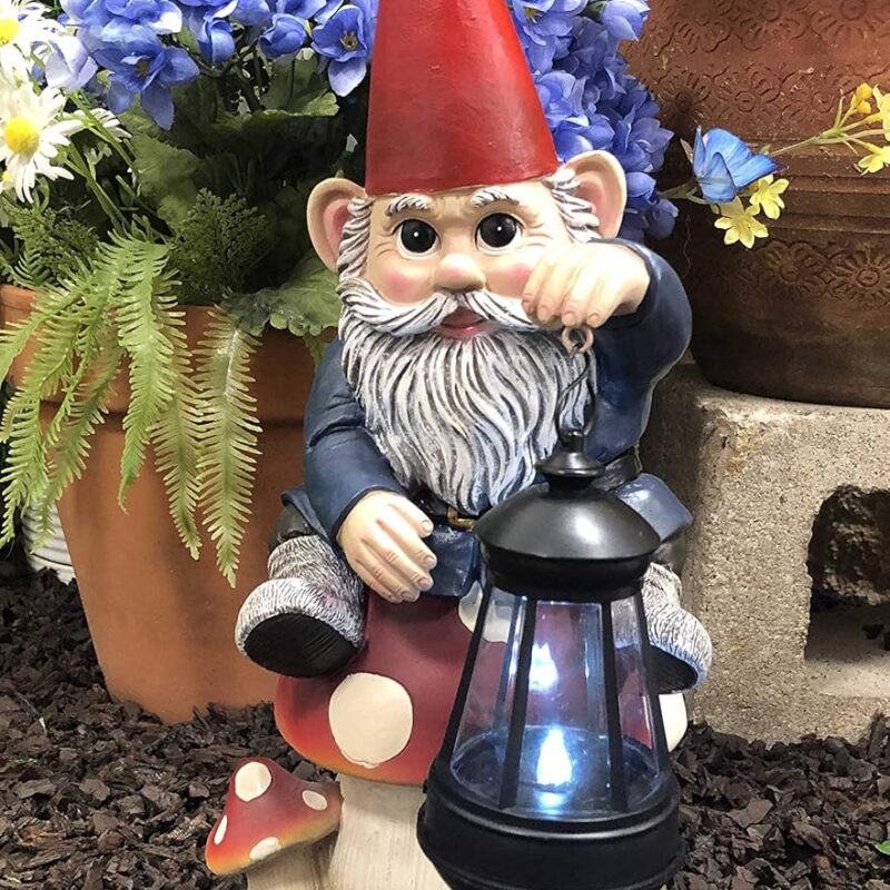 Ebros Large Whimsical Big Eyed Mr Gnome Sitting On Giant Toadstool Mushroom Holding Out Solar LED Lantern Light Statue 15" Tall for Patio Garden Lawn Home Decor Gnomes Figurine
