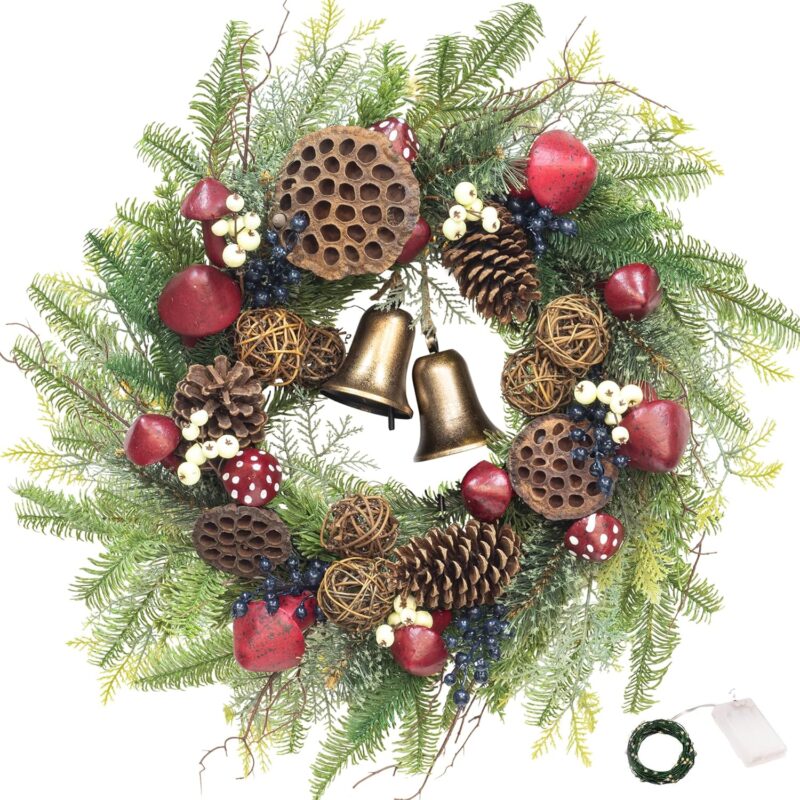 KI Store Mushroom Woodland Christmas Wreath with Bells with Lights and Timer 26-Inch for Front Door Window Fireplace Mantel Xmas Winter Holiday Decoration Decor