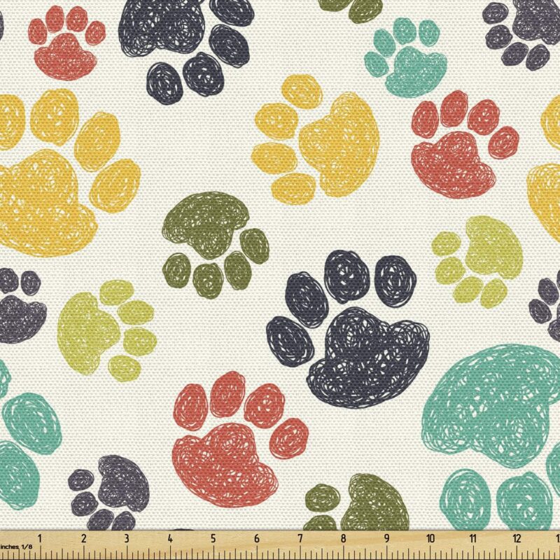 Ambesonne Dog Lover Fabric by The Yard, Hand Drawn Paw Doodles Circular Pattern Drawing Animal, Decorative Material for Upholstery and Outdoor Cuhsion Fabric Storage Baskets, 5 Yards, Charcoal Beige