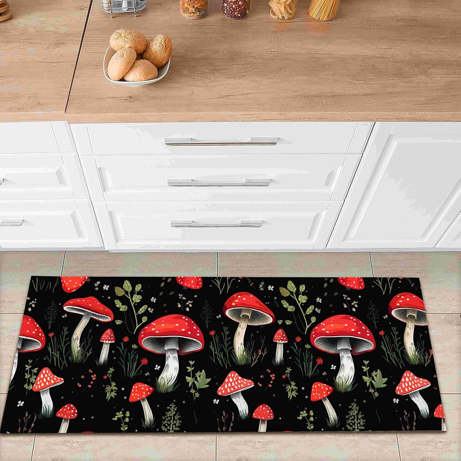 91YYmNtOV7L._AC_SL1500_.jpg Colorful Mushroom Carpet, 2.6x7ft, Halloween Decor Mushroom Kitchen Entrance Runner Rug, Floral Botanical Print Hallway Rug, Orange - Image 2