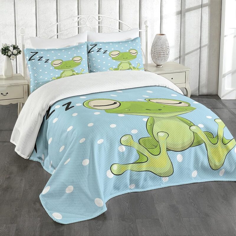 Ambesonne Cartoon Bedspread Set, Sleeping Prince Frog in a Cap Polka Dots Background Animal World Design, 3 Piece Decorative Bedding Coverlet and 2 Pillow Shams, Queen Size, Green Blue