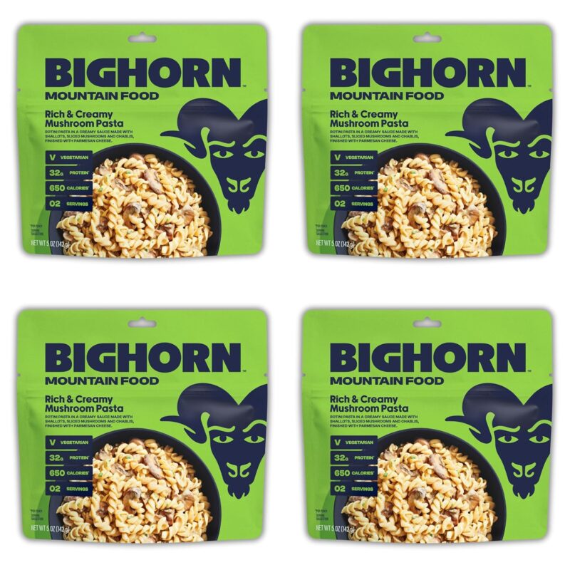 BIGHORN Mountain Food Vegetarian Creamy Mushroom Pasta - contains 4 packs | 8 servings | 128g Protein | 2,600 Calories - premium freeze dried meals for backpacking food - vegetarian backpacking meals - ideal camping meals just add water - great taste
