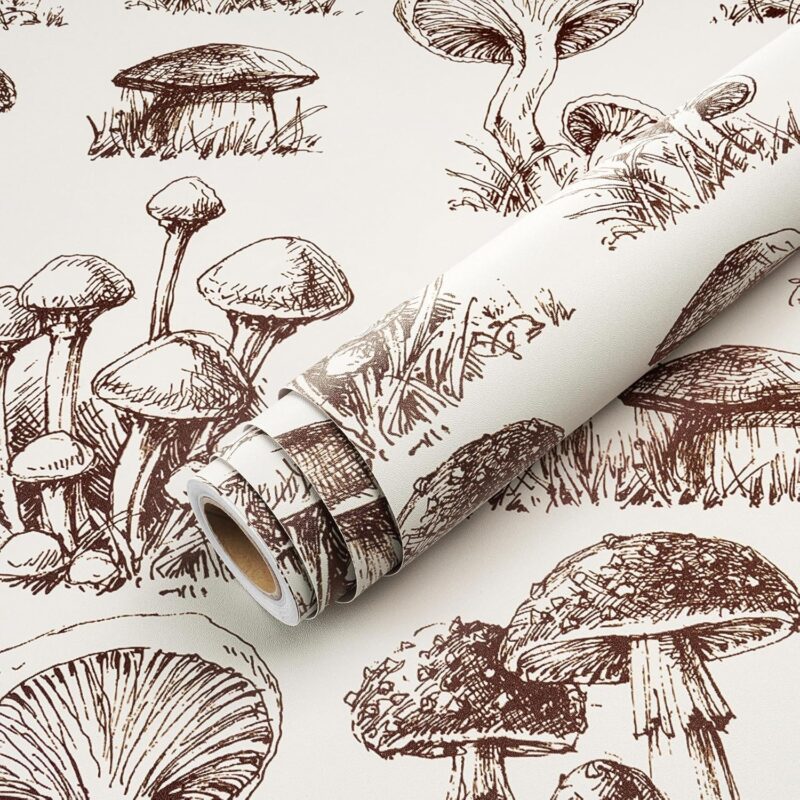 Livelynine 17.5x591" Peel and Stick Wallpaper Mushroom Modern Farmhouse Cottage Core Wall Paper for Bathroom Kitchen Black Cream Vintage Cottagecore Contact Paper for Cabinets Waterproof Vinyl Wrap
