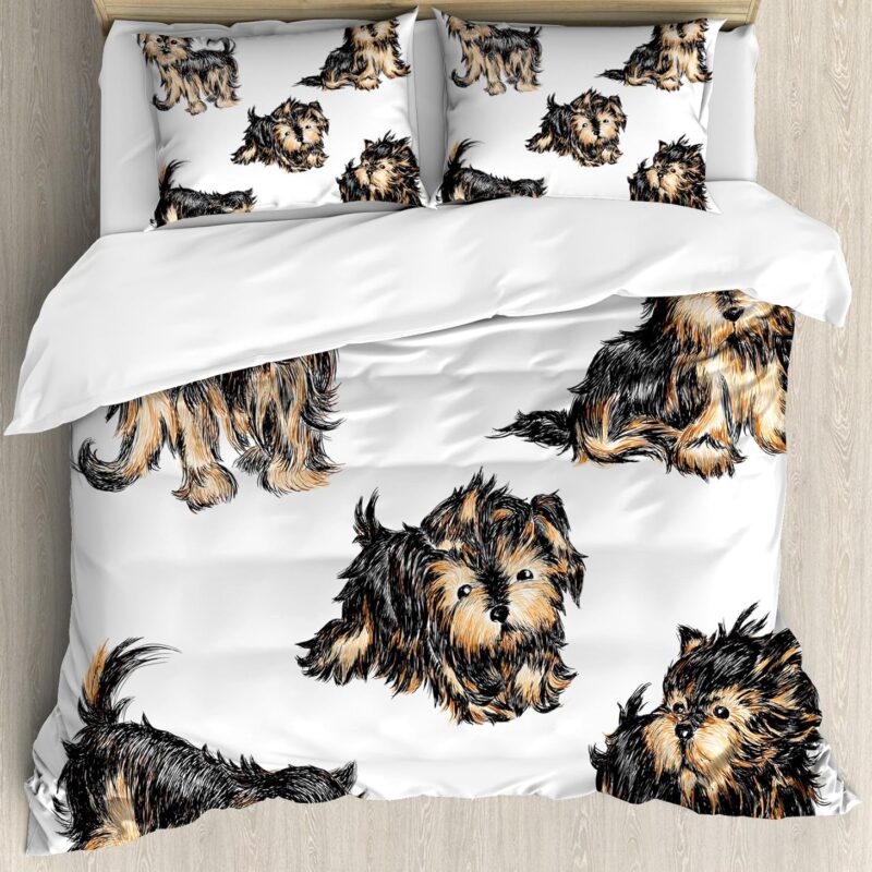 Ambesonne Yorkie Duvet Cover Set, Hand Drawn Yorkies Realistic Yorkshire Terrier Images Dog Love Cartoon, Decorative 3 Piece Bedding Set with 2 Pillow Shams, Queen Size, Black Cream