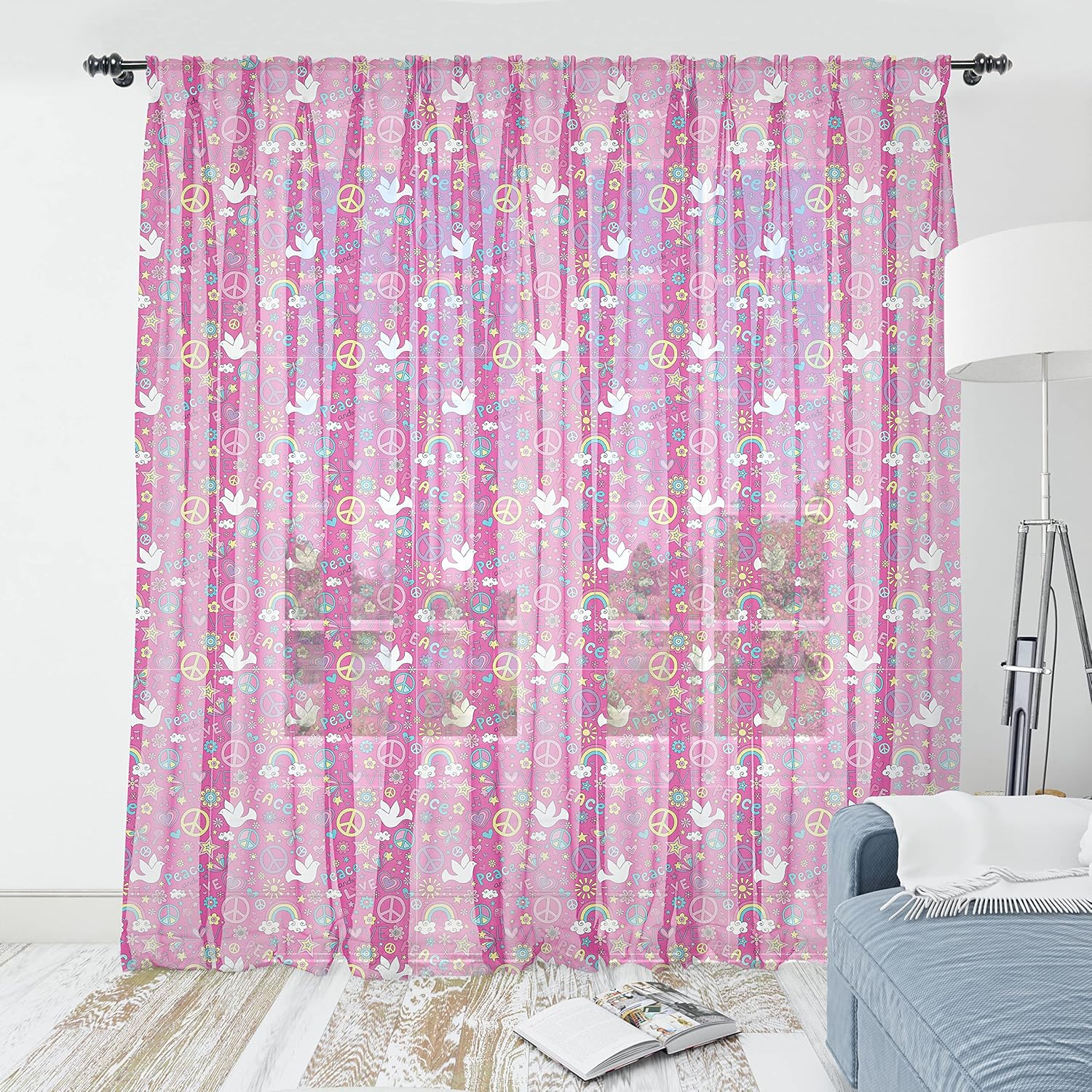 A1aiuhGHyGL._AC_SL1500_.jpg Lunarable 1960s Tulle Curtains with Rod Pocket, Peace Notebook Doodle Sunshine Birds Mushroom Acoustic Shooting Star Design, Sheer Drape for Wedding Party 2 Panels, 108" x 72", Fuchsia Blue Purple