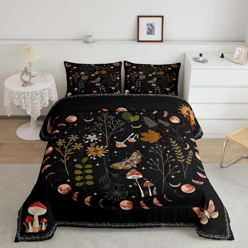 Gothic Nature Comforter Set for Kids Room Decor Butterfly Moth Flower Mushroom Rustic Garden Bedding Comforter King Size Star Moon Sun Boho Style Soft Polyester Quilt Set with 2 Pillowcases