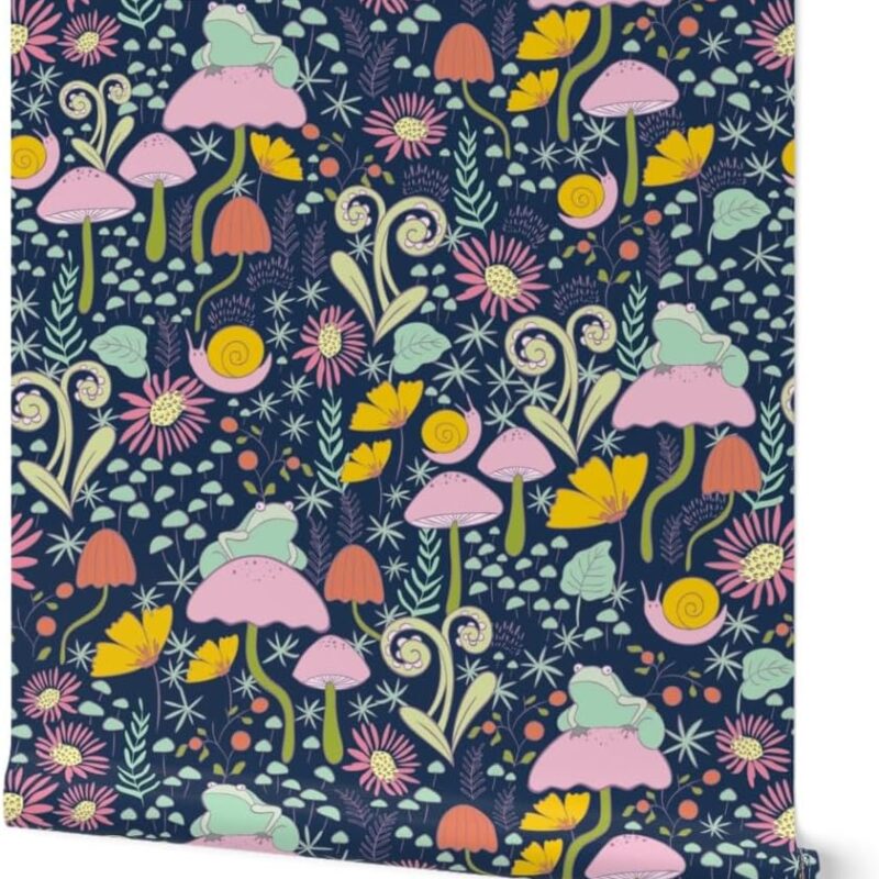 Removable Wallpaper 12ft x 2ft - Whimsical Forest Blue Snails Frogs Mushrooms Small Scale Custom Pre-Pasted Wallpaper by Spoonflower
