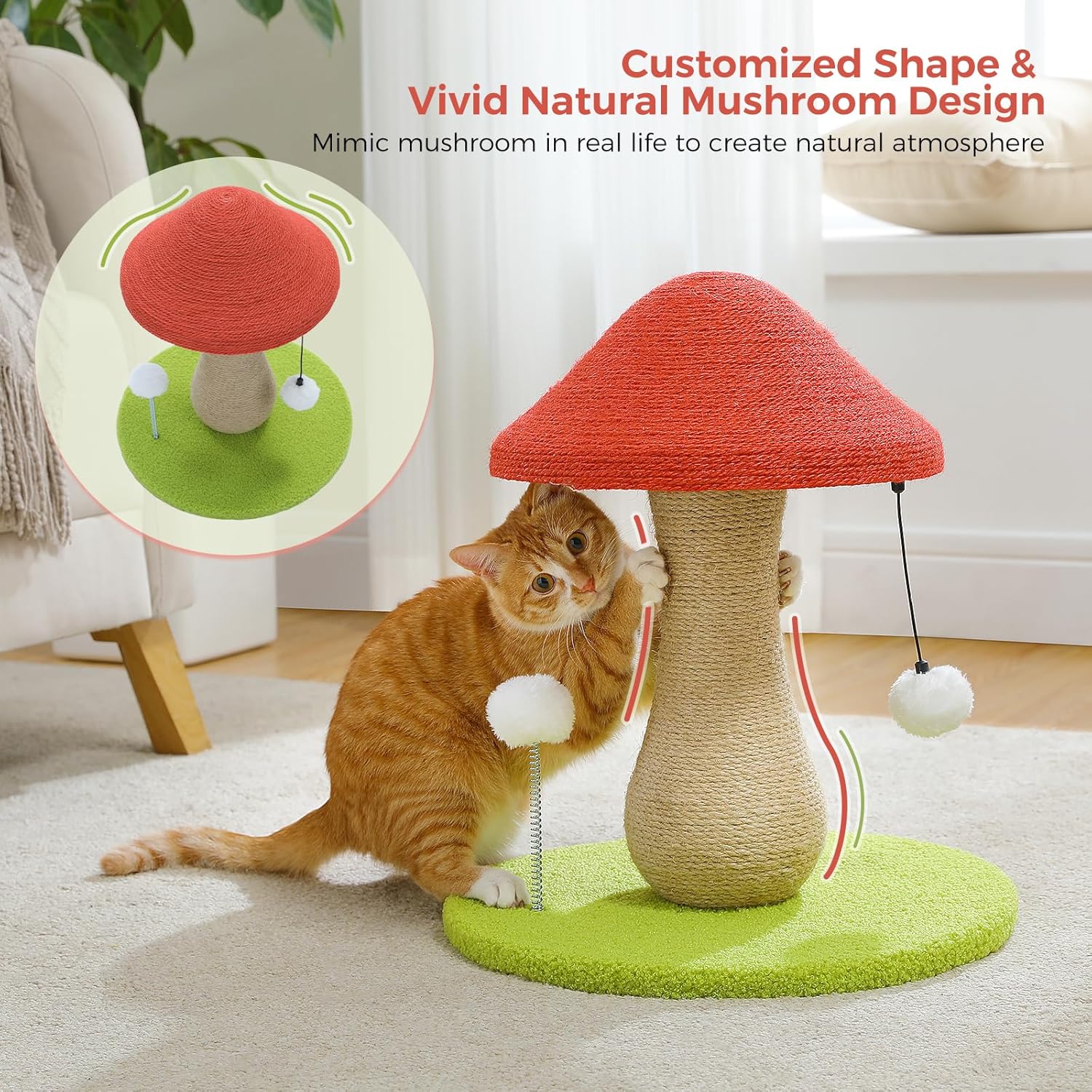 1750212900_81z5VeQ2PwL._AC_SL1500_.jpg PETEPELA Cactus Cat Tree for Indoor Cats, 31.5'' Small Cat Tower Cat Condo with Sisal Scratching Ramp+Mushroom Cat Scratching Post, Cat Scratcher Cute with 100% Sisal Covered Scratching Post - Image 3