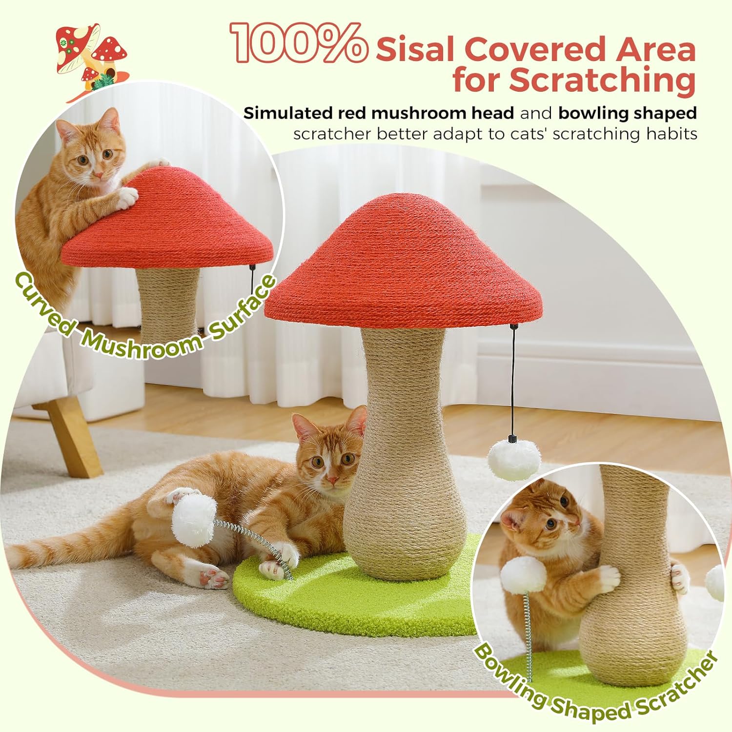 1750212912_81J9x7vSk8L._AC_SL1500_.jpg PETEPELA Cactus Cat Tree for Indoor Cats, 31.5'' Small Cat Tower Cat Condo with Sisal Scratching Ramp+Mushroom Cat Scratching Post, Cat Scratcher Cute with 100% Sisal Covered Scratching Post - Image 7