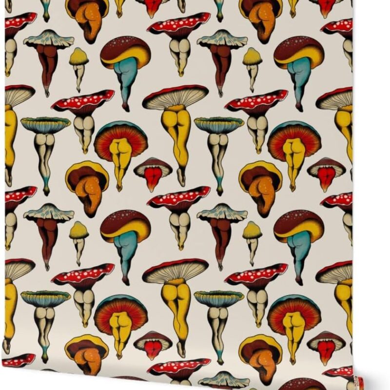 Commercial Grade Wallpaper 27ft x 2ft - Mushroom Booty Vintage Cute Kitsch Cottagecore Colorful Retro Traditional Wallpaper by Spoonflower