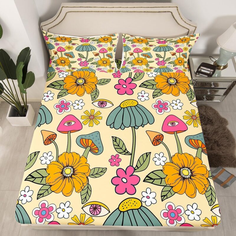 Kids Castle Fairy 70s Retro Floral Fitted Sheet Queen Size,Hippie Flowers Leaves Bedding Set,Cartoon Eyes Mushroom Ultra Soft Breathable Bedspread 3pcs for Teens Adult Xmas Gift,2 Pillowcases