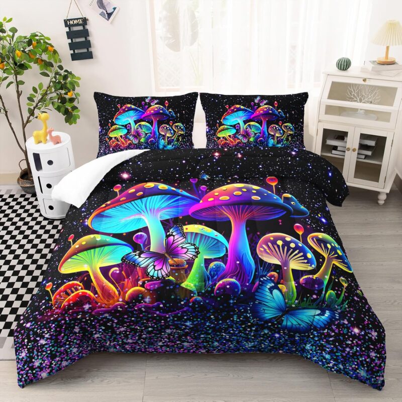 Kids Mushroom Comforter Set, Colorful Sparkle Natural Wild Fungus Bedding Set for Kids Boys Girls, Botanical Plants Duvet Set Butterfly Comforter with 2 Pillowcases Queen Size