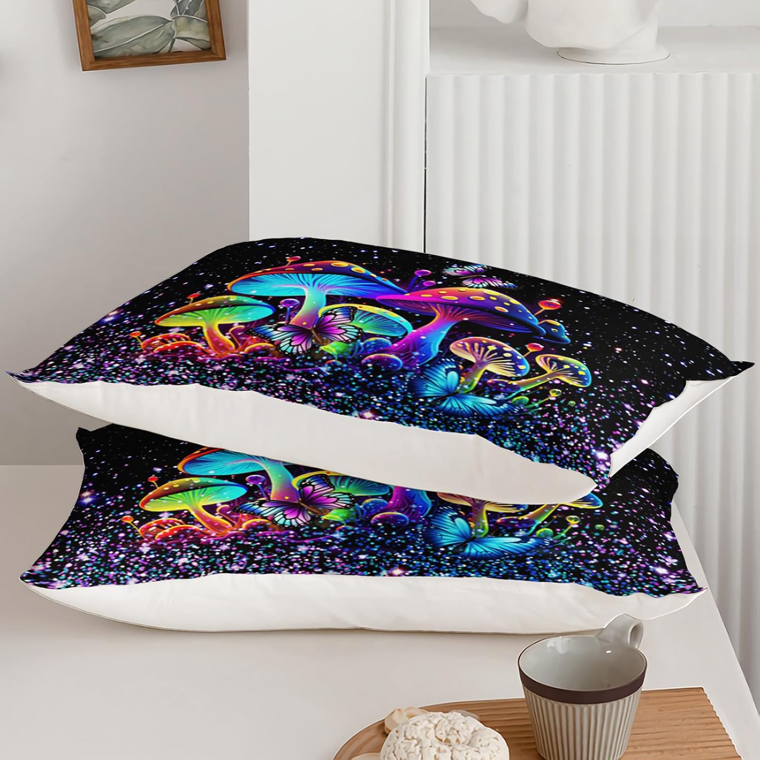 1750794302_71C8bbIdQ3L._AC_SL1500_.jpg Kids Mushroom Comforter Set, Colorful Sparkle Natural Wild Fungus Bedding Set for Kids Boys Girls, Botanical Plants Duvet Set Butterfly Comforter with 2 Pillowcases Queen Size - Image 5