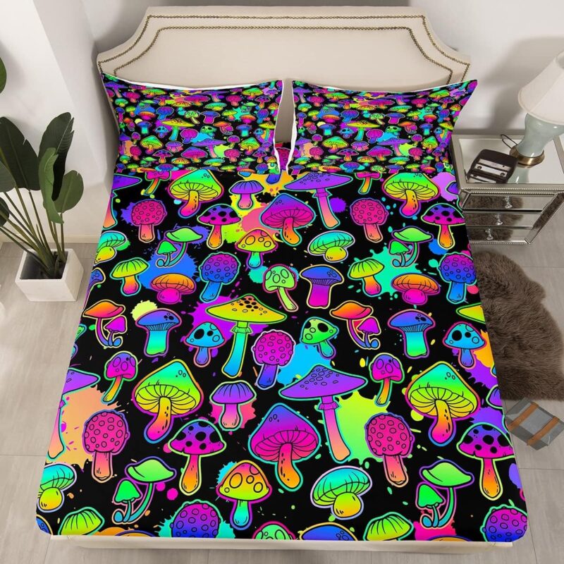 Mushroom Bed Sheet Queen Cute Mushroom Bed Sheets for Kids Girls Boys Trippy Cartoon Tie Dye Bedding Sets Teal Purple Neon Ombre Fitted Bed Sheets Wild Colorful Botanical Sheet