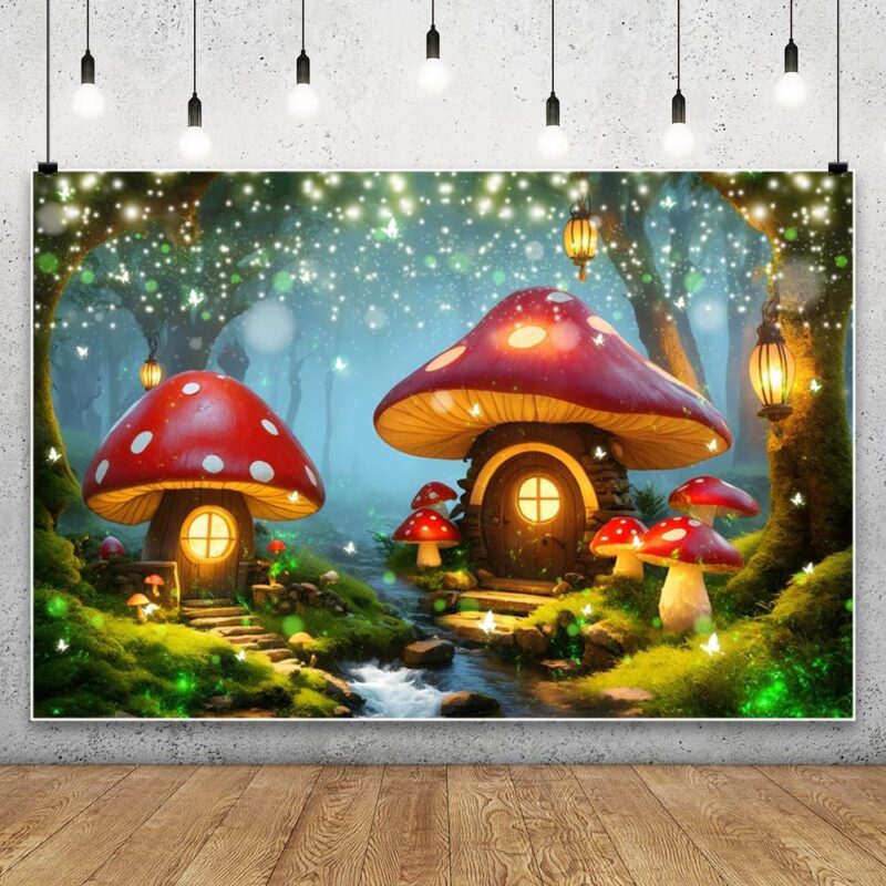 20x10ft Enchanted Mushroom Village Backdrop Fairy Tale Red Mushroom Houses Stream Lanterns Photography Background for Fantasy Party Princess Girl Baby Shower Birthday Photo Booth Props